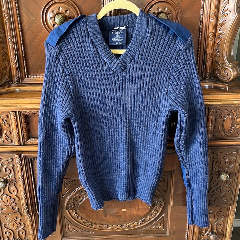 Vtg CitadelBlue Virgin Wool Pullover Preppy Nautical Academia Fisherman Sweater